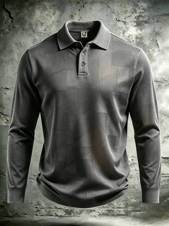 Moisture-Wicking Gradient 3D Abstract Geometric Color-Block Long-Sleeve Hawaiian Golf Polo