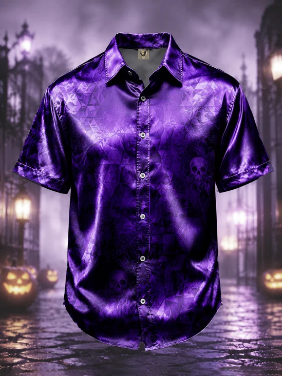 Breathable Silk Satin  Halloween Geometric Skull Pattern Casual Shirt