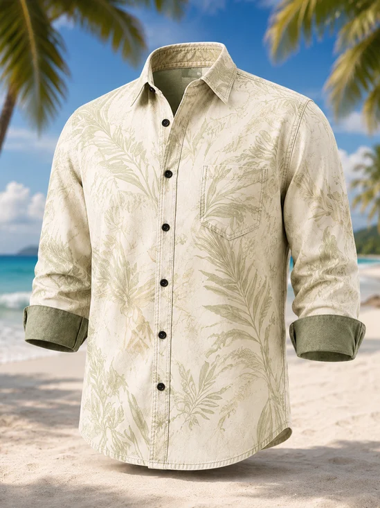 Linen-Texture Tropical Print  Chest Pocket Long-Sleeve Casual Shirt