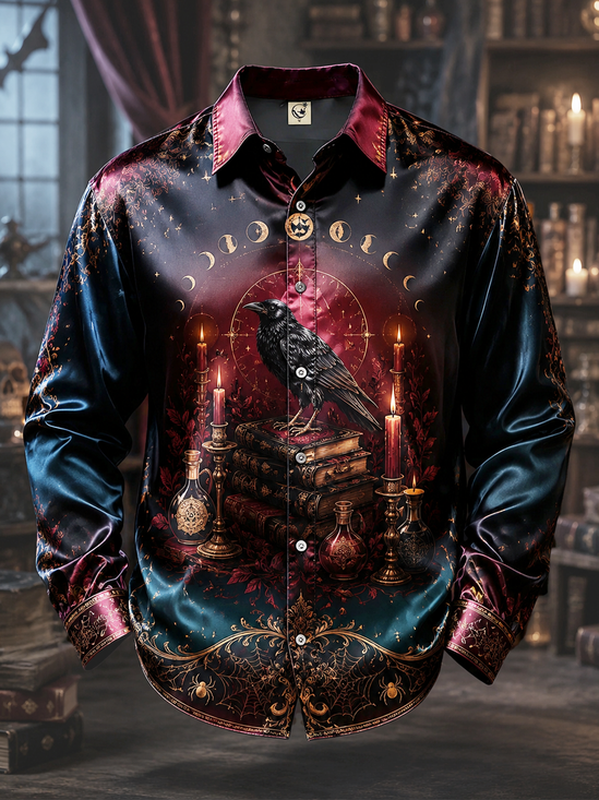Breathable Silk Satin  Dark Gothic Crow Design Casual Long-Sleeve Shirt