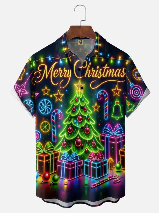 Moisture-Wicking Neon-Colored  Christmas Dinosaur In Santa Hat & String Lights Design Chest Pocket Hawaiian Shirt