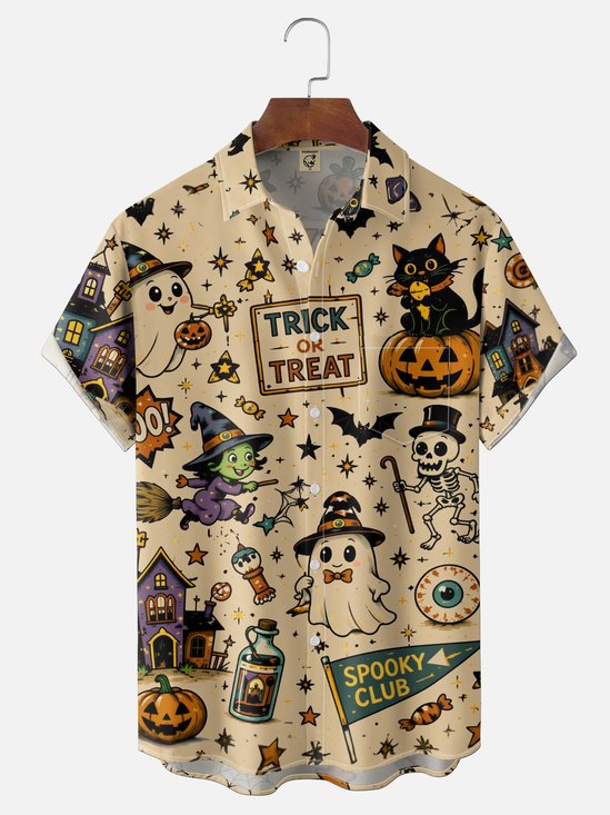 Moisture-Wicking Gradient  Halloween Themes Ghost Skeleton Black Cat Castle Pumpkin Chest Pocket  Hawaiian Shirt