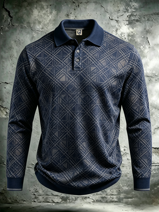 Moisture-Wicking Gradient 3D Abstract Geometric Color-Block Long-Sleeve Hawaiian Golf Polo