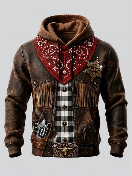 American Vintage Western Cowboy 3D printing Five‑Pointed Star Badge Paisley Bandana Plaid Bull Kangaroo-Pocket Hoodie Sweatshirt