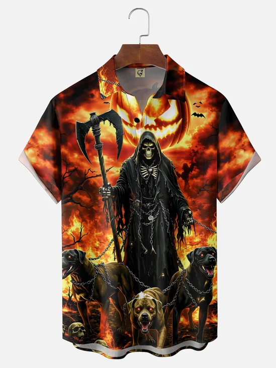 Moisture-Wicking Gradient Halloween Skulls Scythes Pumpkins Dogs Chest Pocket Hawaiian Shirt