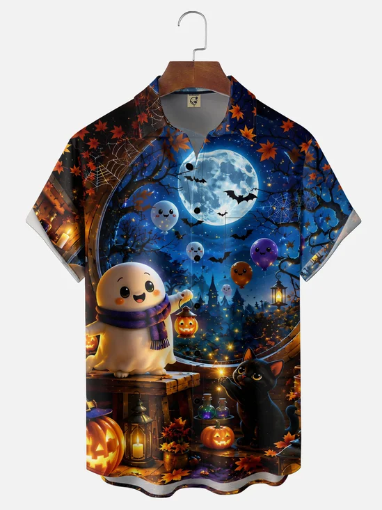 Moisture-Wicking  Gradient Design Ghosts Black Cats Pumpkins Bats  Chest Pocket Hawaiian Shirt