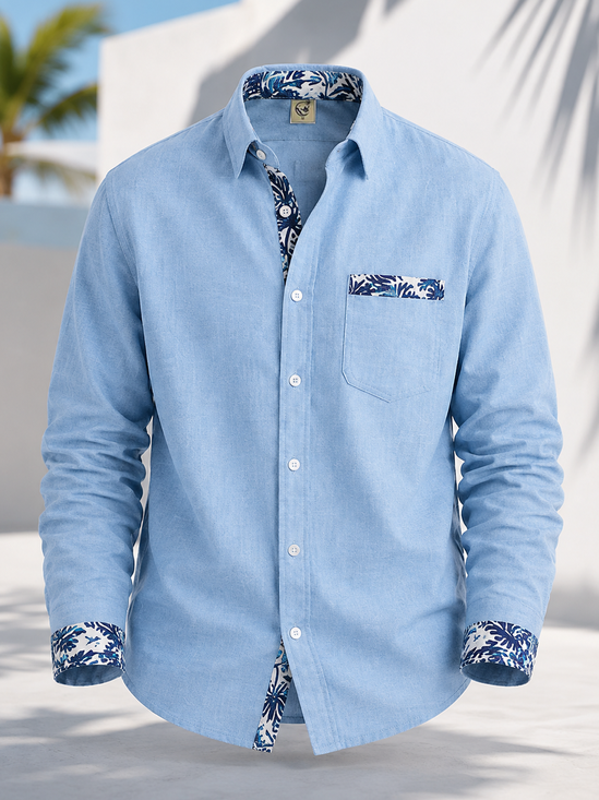 Linen-Texture Solid-Color Paneling Botanical Chest Pocket Casual Long-Sleeve Shirt