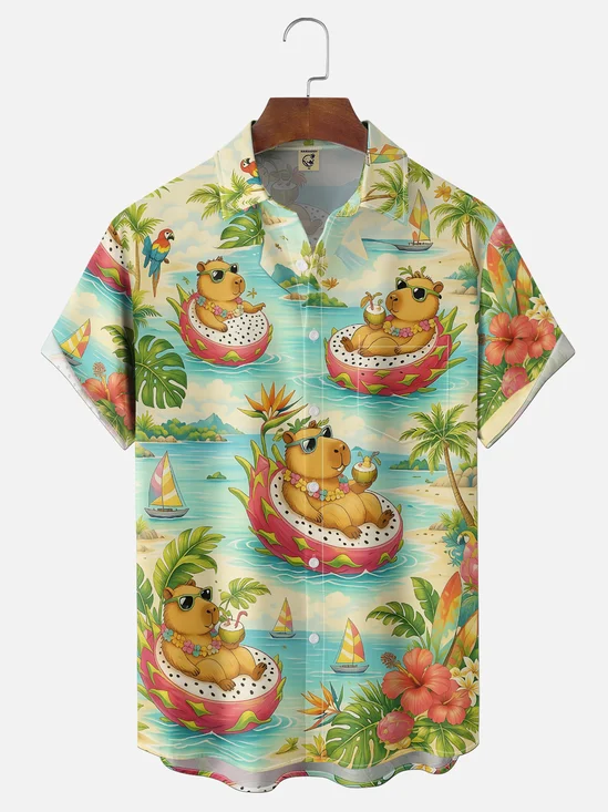 Moisture-Wicking Gradient Coconut Tree Dragon Fruit Capybara Prints  Chest Pocket Hawaiian Shirt