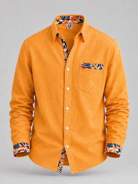 Linen-Texture Solid-Color Paneling Botanical Print Chest Pocket Casual Long-Sleeve Shirt