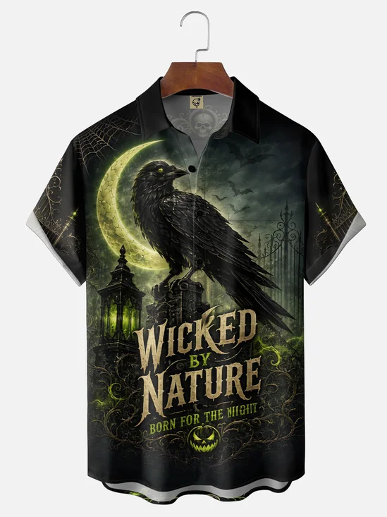 Moisture-Wicking  Gradient Design Featuring Ravens Black Cats Castles  Pumpkins Chest Pocket  Hawaiian Shirt