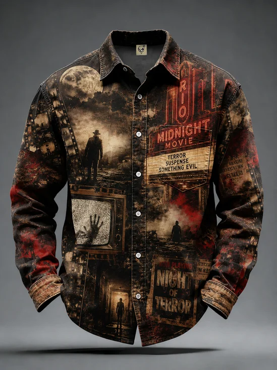 Moisture-Wicking Halloween "Monster Thriller Night" Graphic Casual Long-Sleeve Shirt