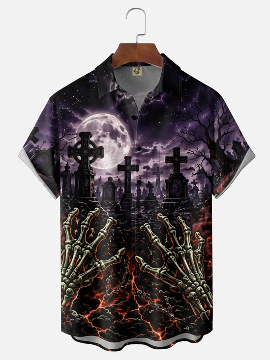 Moisture-Wicking Gradient Halloween  Featuring Skeleton Hands Chains  Graves  Chest Pocket Hawaiian Shirt