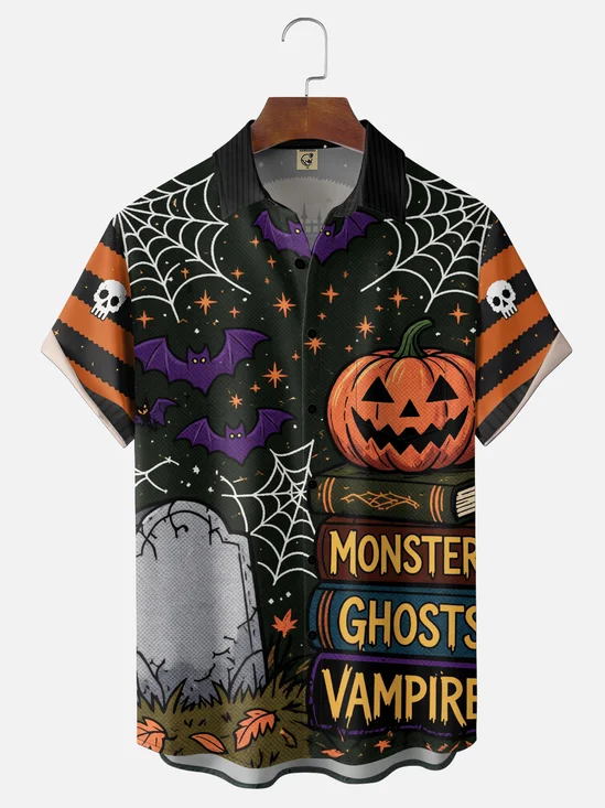 Moisture-Wicking Gradient Halloween-Themed Castle Pumpkin Spiderweb  Chest Pocket Hawaiian Shirt