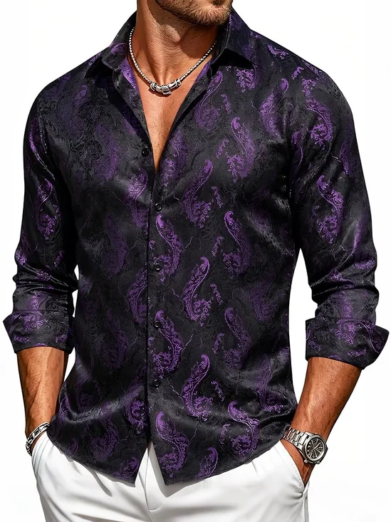 Silk Satin Breathable Ethnic Floral Business Shirt