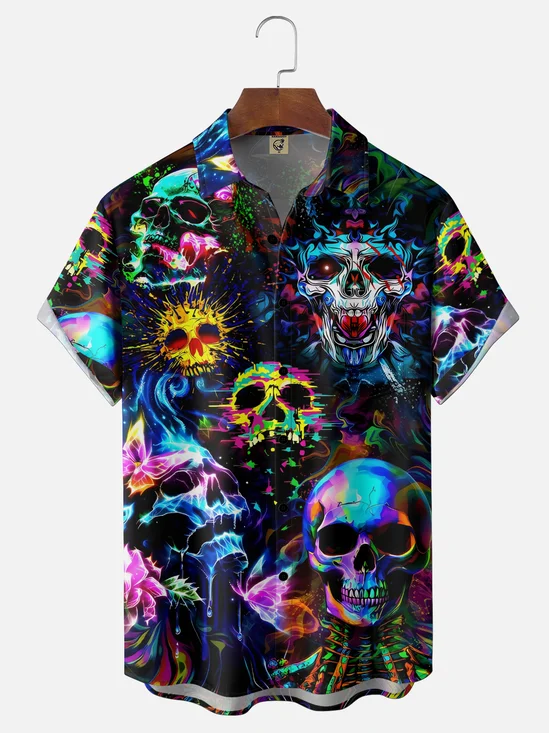 Moisture-Wicking Neon Rock-Punk Dizzied-Skull Chest Pocket Hawaiian Shirt