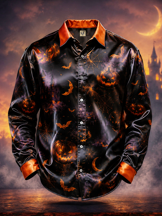 Breathable Silk Satin Halloween-Themed with Subtle Bat Pumpkin Head Patterns Casual Long-Sleeve Shirt