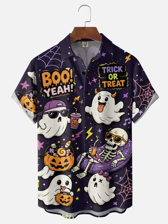 Moisture-Wicking Gradient  Halloween Theme Ghosts Skulls Spiderwebs Pumpkins  Chest Pocket  Hawaiian Shirt