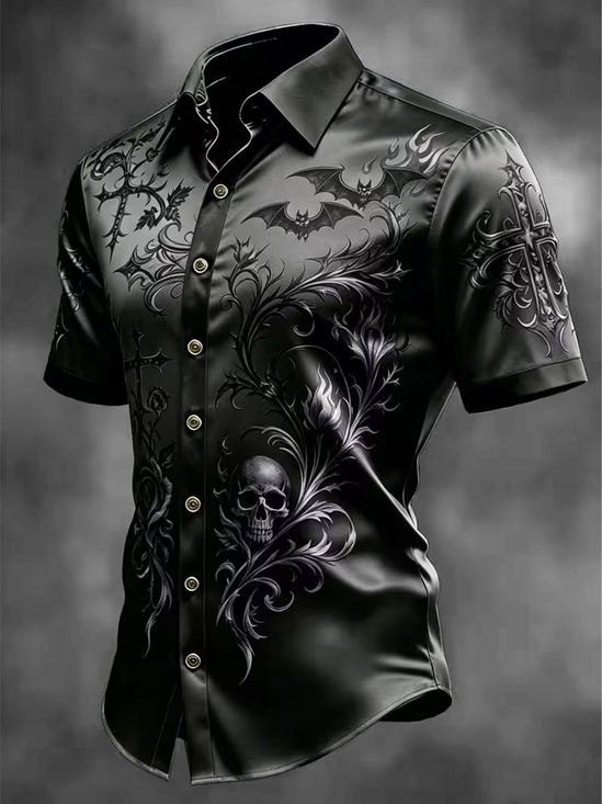 Breathable Silk Satin  Subtle Bat Pattern Halloween Style Casual Shirt