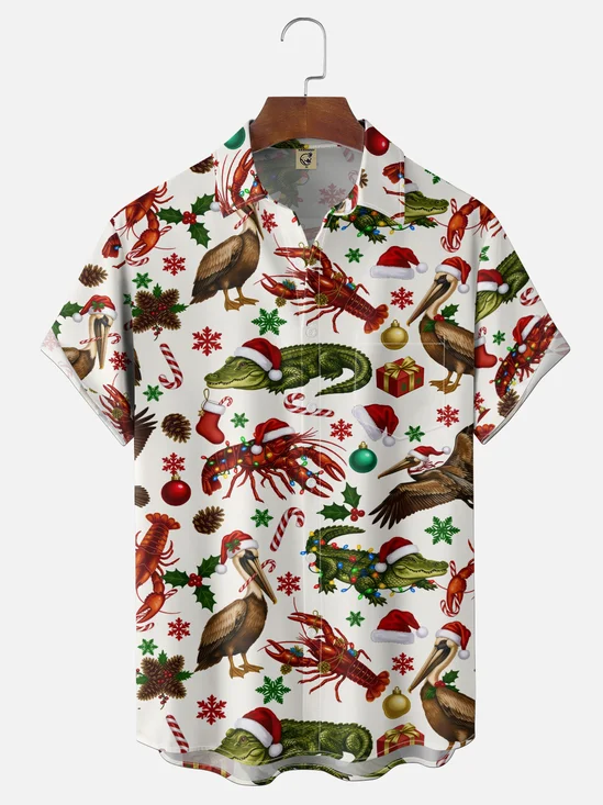 Moisture-Wicking Gradient Christmas Featuring Crocodiles In Santa Hats Candy Canes  Snowflakes Chest Pocket Hawaiian Shirt