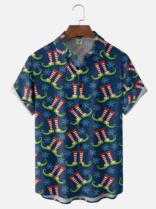 Moisture-Wicking Gradient Christmas Elf Shoe & Snowflake Print Chest Pocket Hawaiian Shirt
