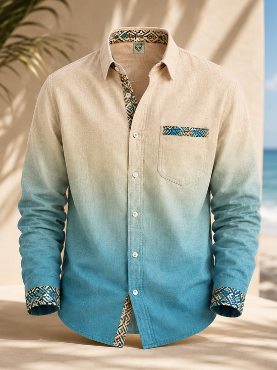 Linen-Texture Geometric Solid-Color Paneling Chest Pocket Long-Sleeve Casual Shirt