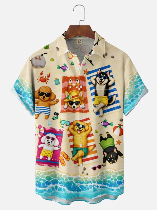 Moisture-Wicking Gradient Beach Sunbathing Dog  Chest Pocket Hawaiian Shirt