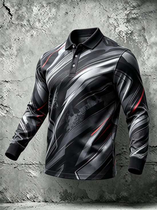 Moisture-Wicking Gradient 3D Abstract Geometric Color-Block Long-Sleeve Hawaiian Golf Polo