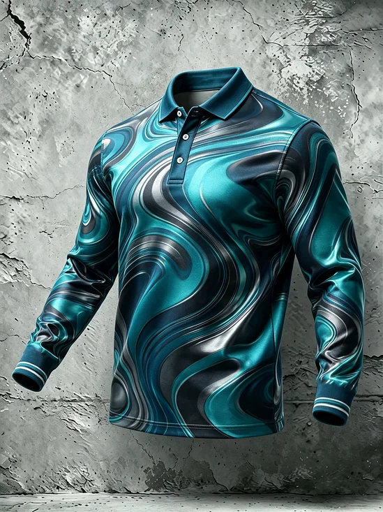 Moisture-Wicking Gradient 3D Abstract Geometric Color-Block Long-Sleeve Hawaiian Golf Polo