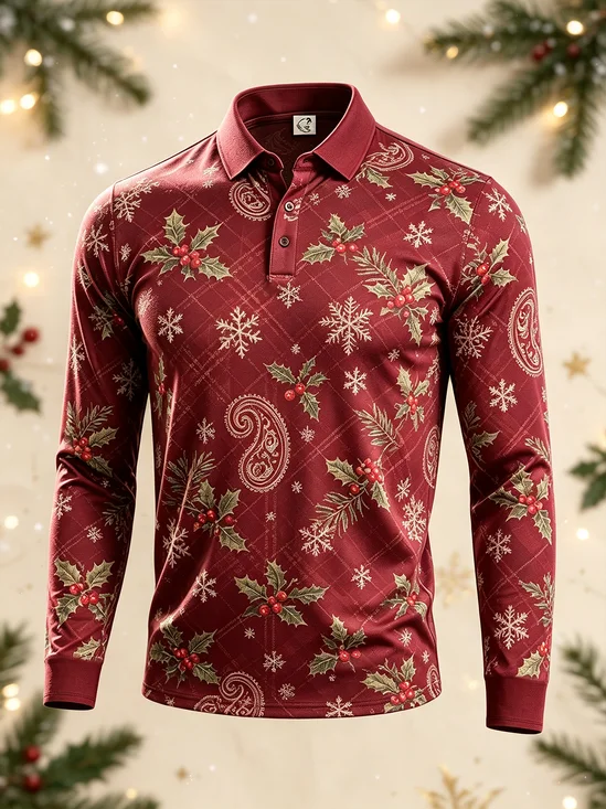 Moisture-Wicking Gradient  Christmas Snowflake Geometric & Paisley Print Long-Sleeve Hawaiian Golf Polo
