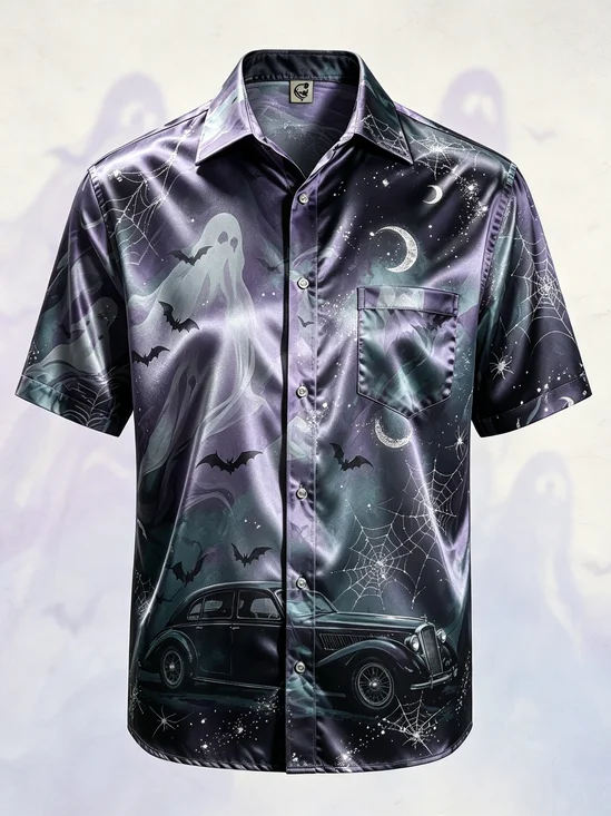 Silk Satin Breathable Gradient Halloween Ghost & Spiderweb Print Chest Pocket Hawaiian Shirt