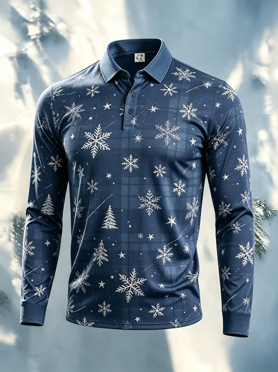Moisture-Wicking Christmas Snowflake Christmas Tree Plaid Print Long-Sleeve Hawaiian Golf Polo