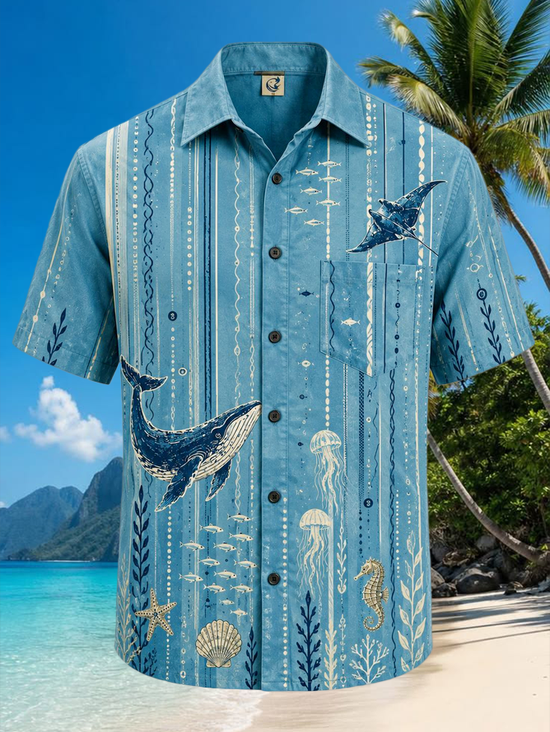 Moisture-Wicking Vintage Style Vertical Wave Striped Whale Manta Ray Jellyfish Seahorse Starfish Seashell Seaweed Chest Pocket Hawaiian Shirt