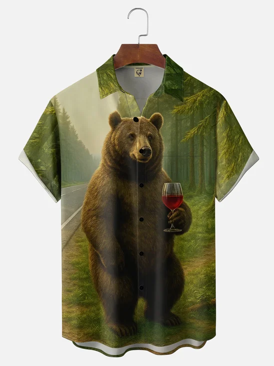Moisture-Wicking Gradient Forest & Bear Print Wine Red Chest Pocket  Hawaiian Shirt