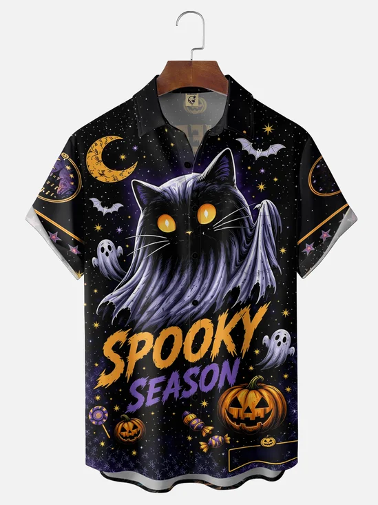 Moisture-Wicking  Gradient Design Featuring Ghost Cats Castles  Pumpkins  Chest Pocket Hawaiian Shirt