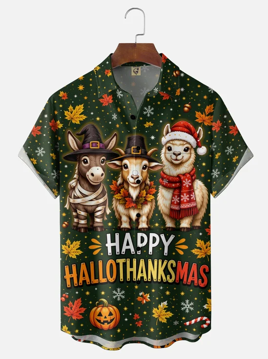 Moisture-Wicking Gradient Halloween Featuring Donkeys Pumpkins  Maple Leaves  Chest Pocket Hawaiian Shirt