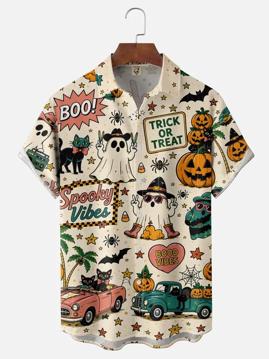 Moisture-Wicking Gradient Halloween  Featuring Ghost Barber Black Cat Spiderweb  Pumpkin Designs  Chest Pocket Hawaiian Shirt