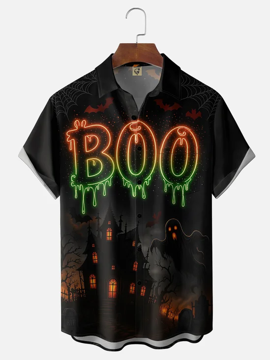 Moisture-Wicking Gradient Halloween-Themed Castle Ghost Spiderweb Print  Chest Pocket  Hawaiian Shirt