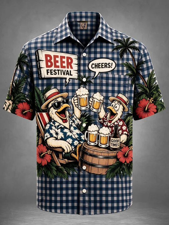 Moisture Wicking Beer Festival American Retro Cartoon Rooster Beer Party Barrel Palm Tree Hibiscus Tropical Plaid Chest Pocket Holiday Shirt