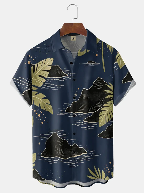 Moisture-Wicking Vintage Abstract Tropical Island Mountain Leaf Chest Pocket Hawaiian Shirt