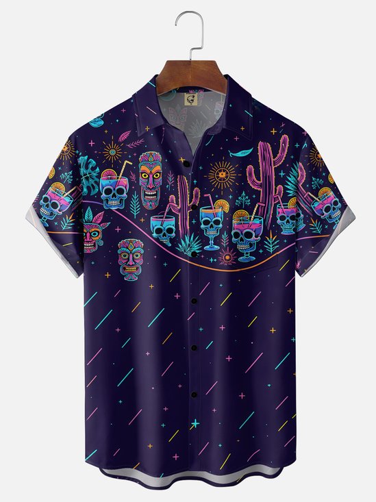 Moisture-Wicking Neon Skull Cocktail Cactus & Tiki Print Chest Pocket Hawaiian Shirt