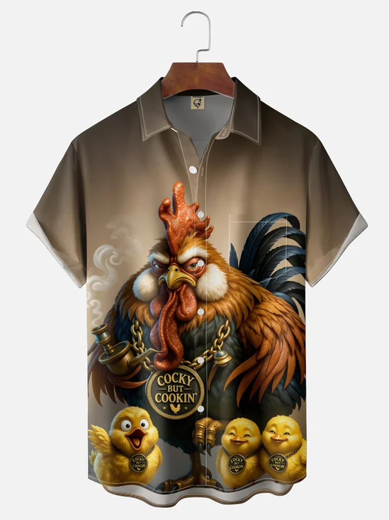 Moisture-Wicking  Fun Lucky Rooster Print Chest Pocket Hawaiian Shirt