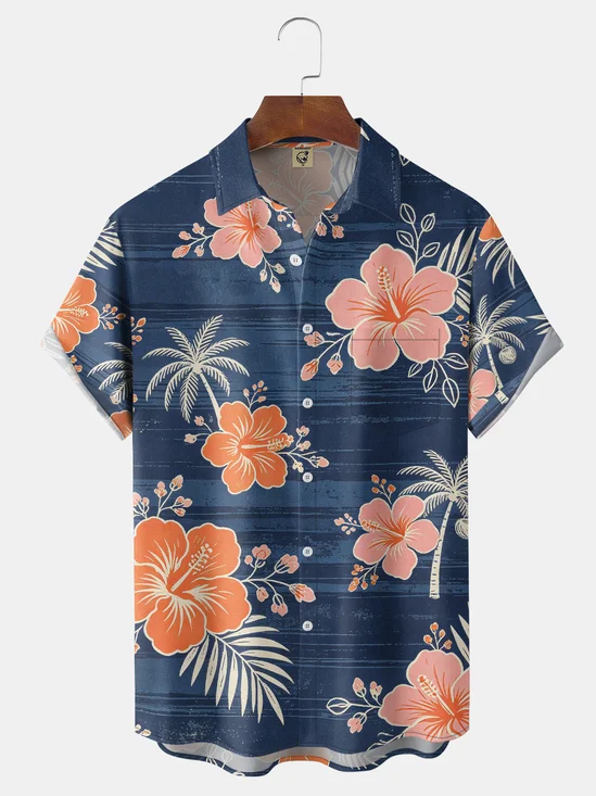 Moisture-Wicking Vintage Hibiscus Palm Tree Tropical Chest Pocket Hawaiian Shirt