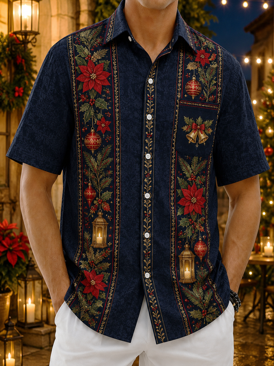 Moisture-wicking Featuring Christmas Tree Pattern Tree Chest Pocket Bowling Shirt