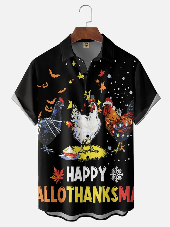 Moisture-Wicking Thanksgiving Halloween Christmas Chicken Chest Pocket Hawaiian Shirt