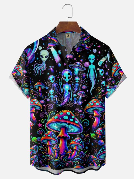 Moisture-Wicking Neon Hippie Alien Psychedelic Mushroom Chest Pocket Hawaiian Shirt