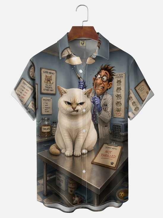 Moisture-Wicking "Not Thrilled" Cat Vet Chest-Pocket Hawaiian Shirt