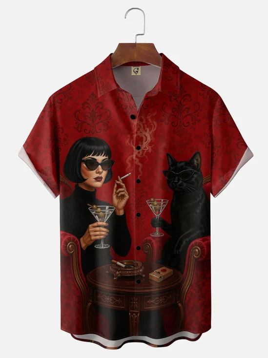Moisture-Wicking Gradient-Color Retro Pin-Up Girl Black Cat & Cocktail Print  Chest Pocket Hawaiian Shirt