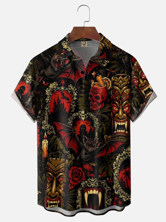 Moisture-Wicking Gradient Halloween Bat Skull Floral  Tiki Prints  Chest Pocket Hawaiian Shirt