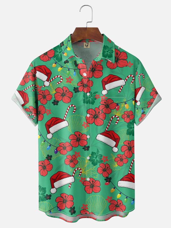 Moisture-Wicking Christmas Theme Santa Hats Florals String Lights Candy Canes Chest Pocket   Hawaiian Shirt