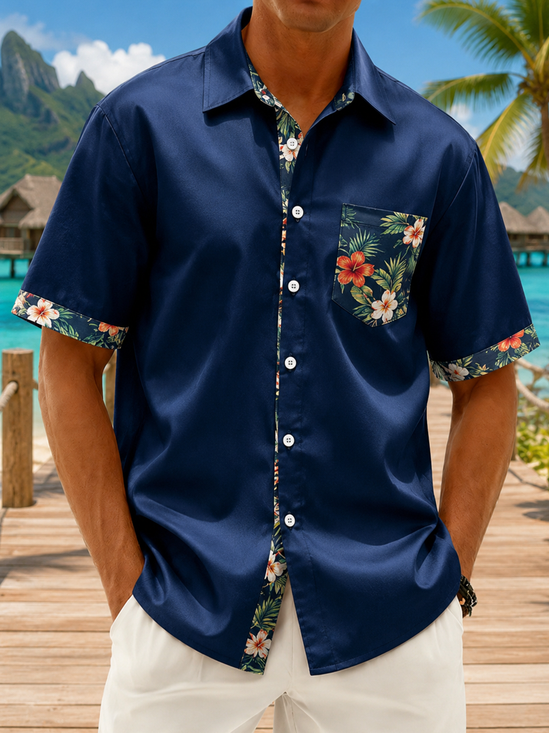 Moisture-Wicking Solid & Floral Patchwork Chest Pocket  Hawaiian Shirt